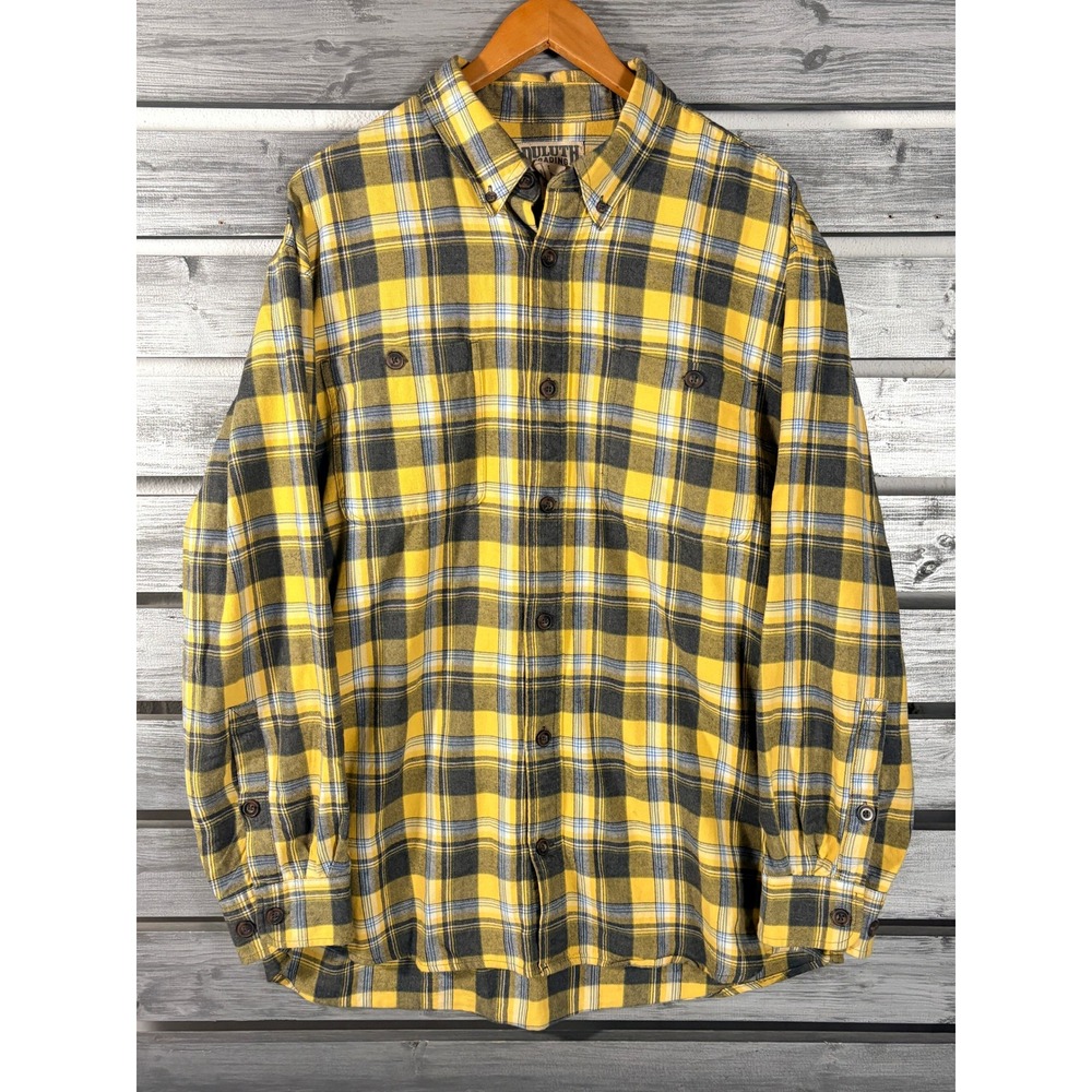 Duluth Trading Co Mens Large Yellow Gray Plaid Flannel Button Down Shirt L